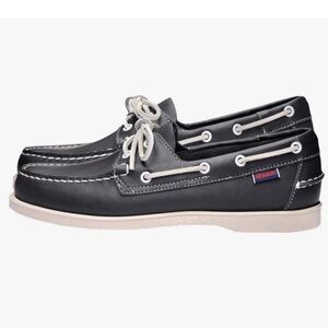Authentic Sebago navy blue white Portland Docksides Boat Shoes Nautical LEATHER